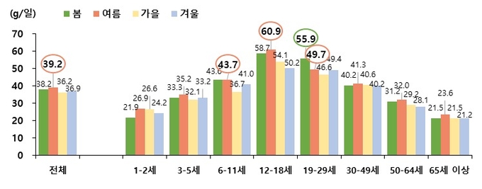 사진=식악처/계절별·연령별 가공식품을 통한 하루 평균 당류 섭취량(2017~2019)