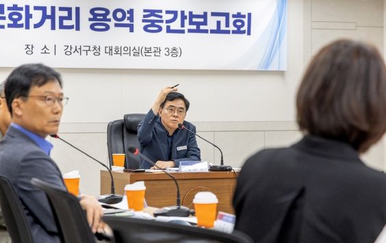 진교훈 서울 강서구청장(가운데)이 허준테마거리·마곡문화거리 용역 중간보고회에서 발언하고 있다.