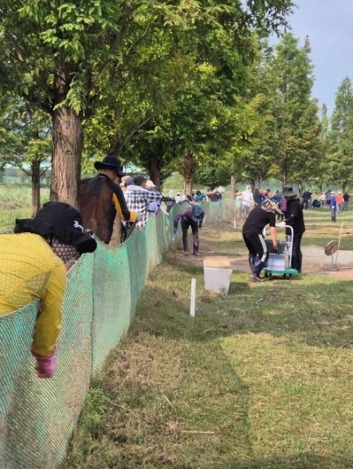 새마을체육과·체육시설사업소·영천시체육회 직원 및 영천시파크골프협회 회원들이 강변체육시설 피해 복구에 구슬땀을 흘리고 있다.