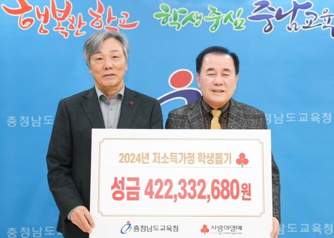 성금 사회복지공동모금회 기탁 사진(성우종 회장(좌), 김지철 교육감(우))