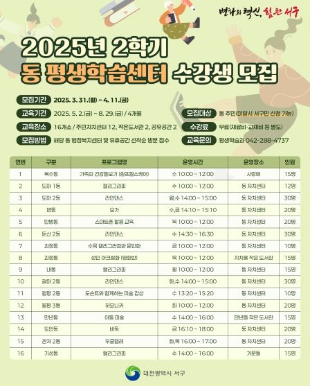 2025년 2학기 동 평생학습센터 수강생 모집 홍보물