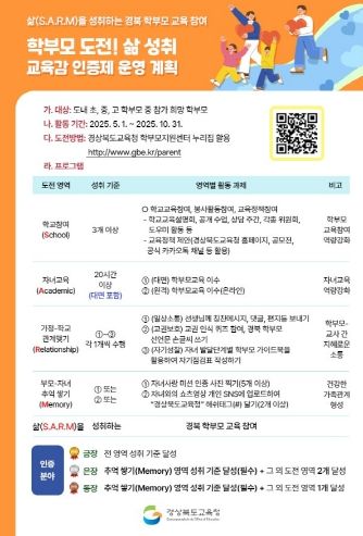 경북교육청, 전국 최초‘학부모 교육참여 인증제’시행('학부모 도전! 삶 성취 교육감 인증제’를 통한 따뜻한 교육공동체 실현)(학부모 도전! 삶 성취 교육감 인증제 포스터)