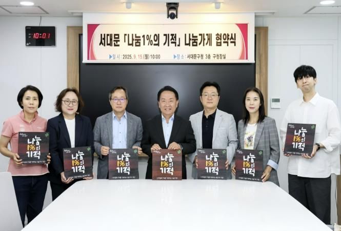 ‘서대문 나눔1%의 기적’ 나눔가게 협약식에서 이성헌 구청장(가운데)과 참여 업체 대표들이 현판을 들고 기념 촬영을 하고 있다.