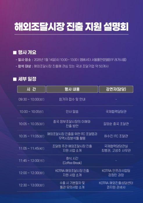 2026년 해외조달시장 진출 지원 사업설명회 포스터