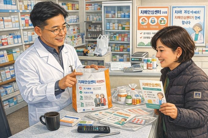 경주시 치매안심센터가 약국 122곳과 협력해 치매환자 지원서비스 홍보에 나선 가운데, 약사가 약제봉투에 담긴 안내문을 통해 치매안심센터 지원 정보를 설명하고 있다