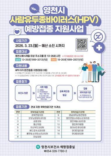 영천시 사람유두종바이러스 예방접종 지원사업 홍보 포스터